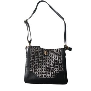 Tommy Hilfiger Black and Cream Crossbody Monogram Vegan Leather Purse Bag